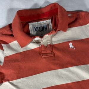XOCHI mens burnt orange beige horizontal stripe short sleeve polo shirt - size M